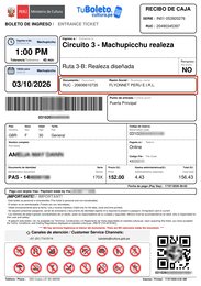 Sample ticket for Machu Picchu